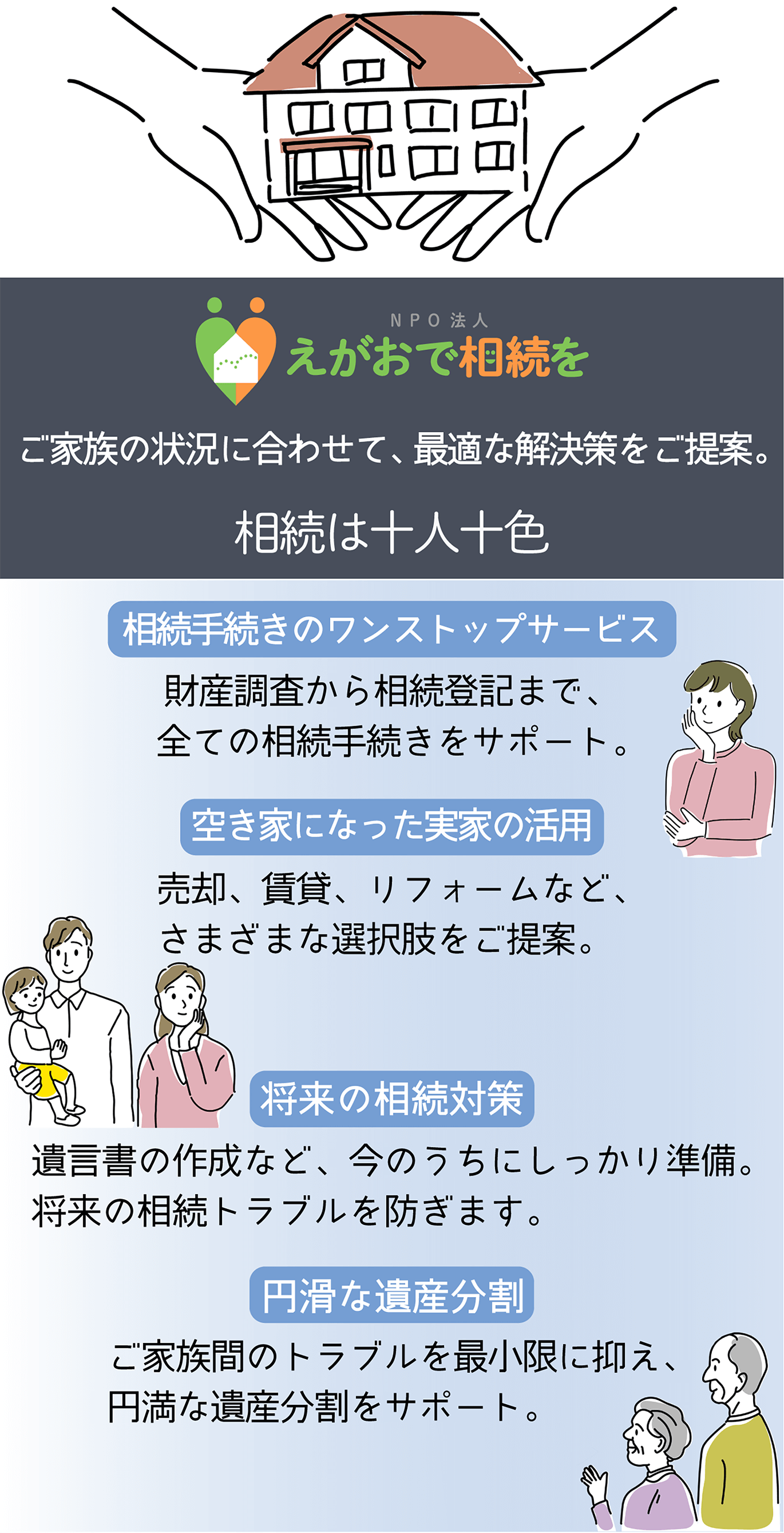 相続は十人十色。NPO法人えがおで相続をはご家族の状況に合わせて最適な解決策をご提案します。